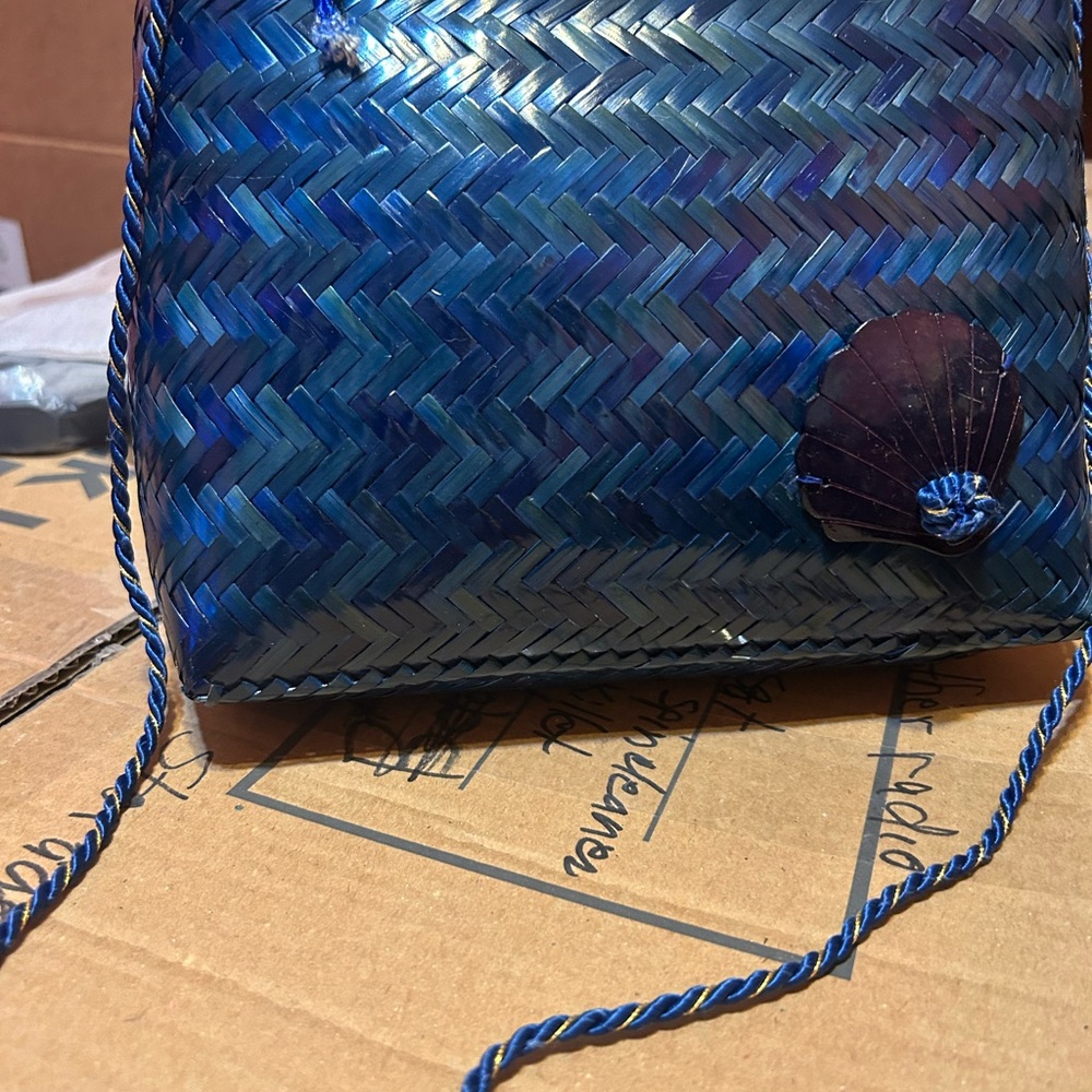 Blue Woven Women's Bag with Shell Accent